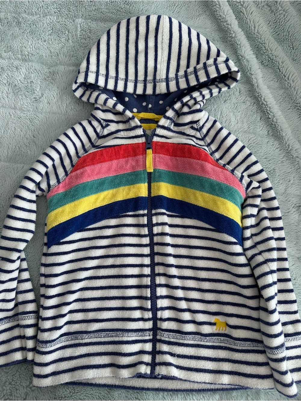 Mini Boden Navy & White Striped toweling Hooded Zip-Up with Rainbow Stripes